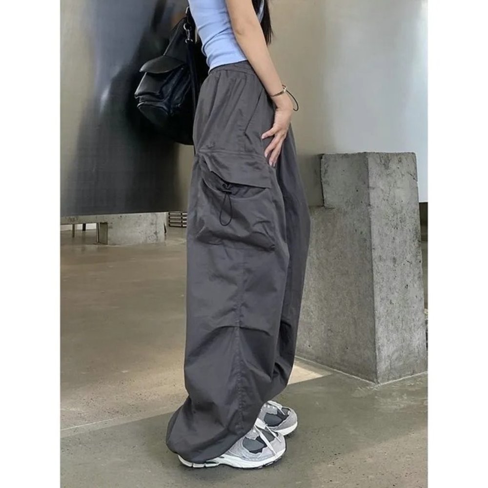 Women Cargo Pants Capris Y2K Medium M Gray Elastic Waist High Rise Drawstring - Picture 2 of 12